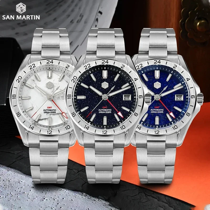 

2024 San Martin Watch 39mm Men's GMT Automatic Mechanical Aventurine Gemstone Dial Luxury NH34 Sapphire Waterproof Luminous