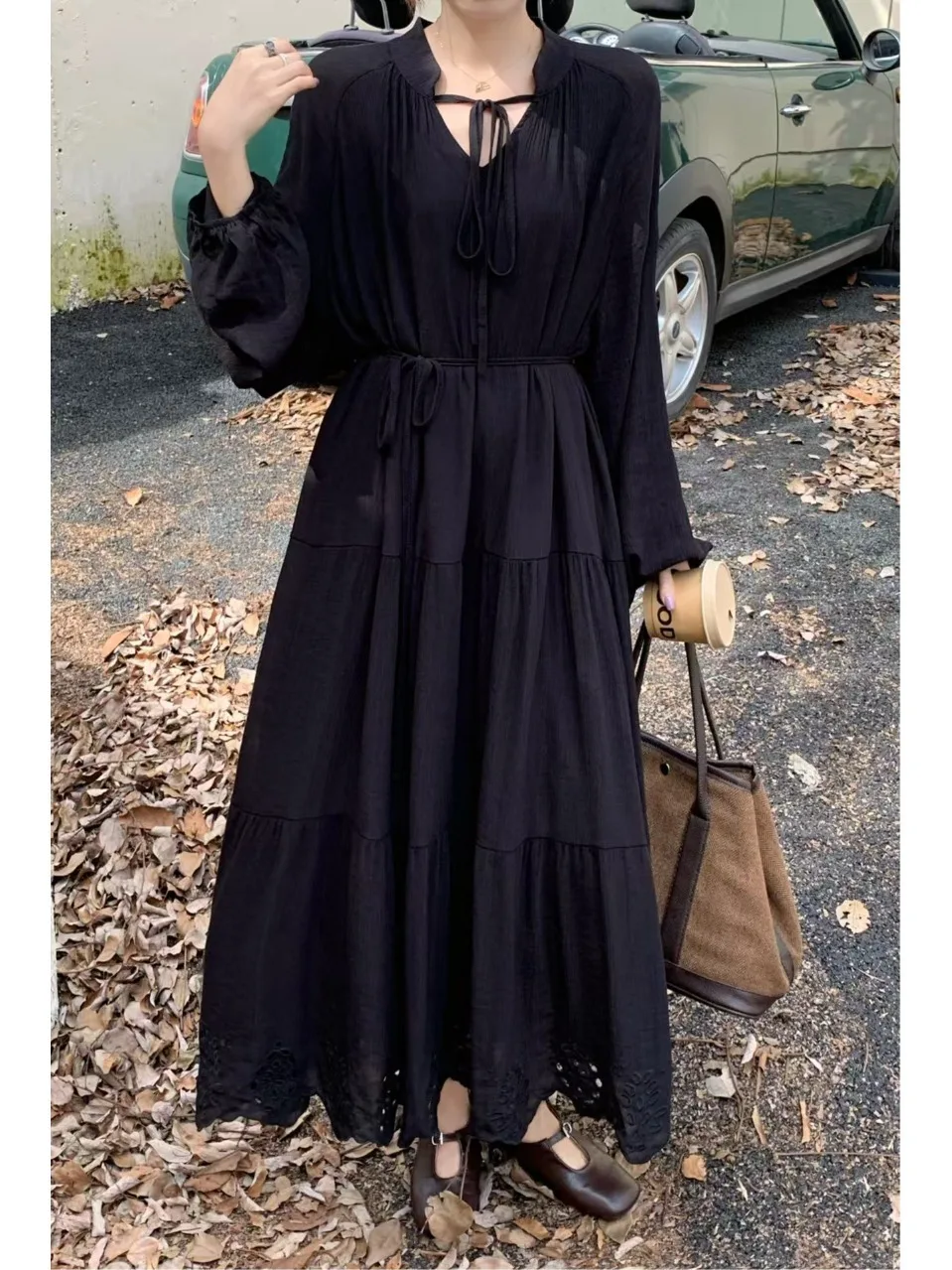 

Элегантное шифоновое платье Ele Gentle Wind с вышивкой и рукавами-фонариками, женское, с завышенной талией, с вырезами, летнее, повседневное, свободного кроя