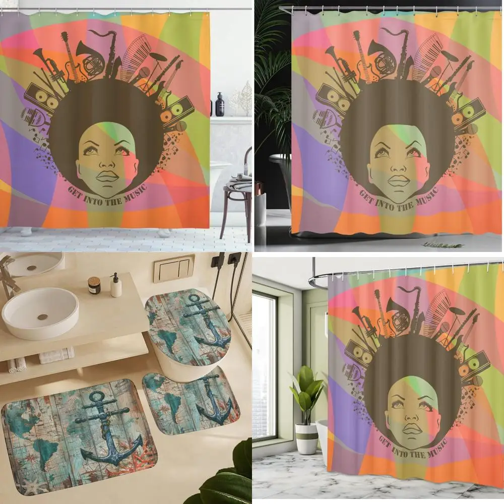 

молодо-американская женщина с музыкальными инструментами на занавеске для душа - тканевый декор для ванной комнаты с принтом
