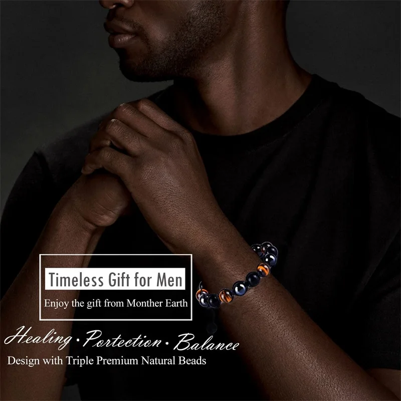 Triple Protection Bracelet for Women Men 10mm Crystal Beads Bracelet Handmade Tiger Eye Black Obsidian Hematite Bracelet