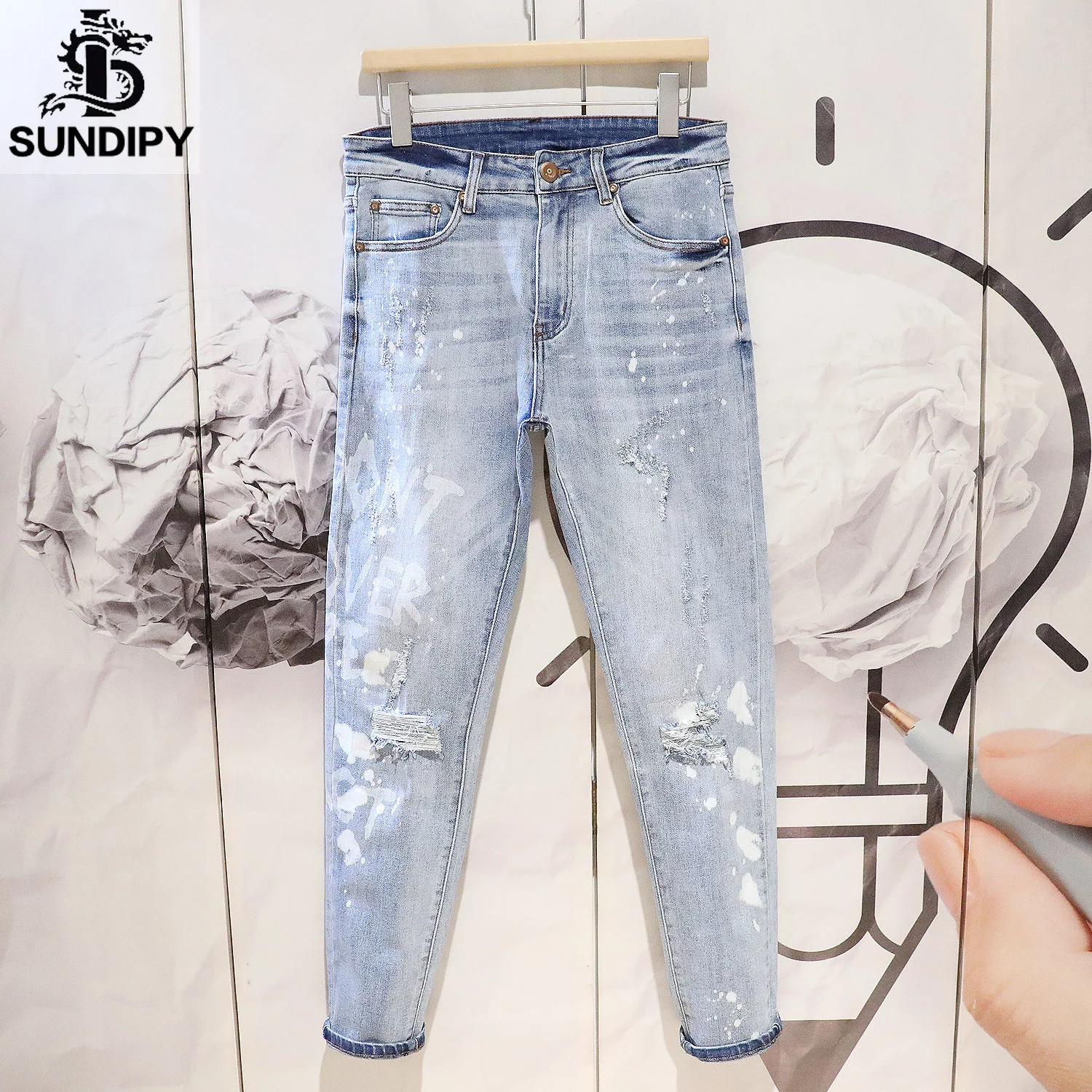 Fashion Brand Men Denim Pant Slim Letter Small Straight Feet Ripped Tights Skinny Jeans Men Hole Pants Paint Splash Graphic Jean