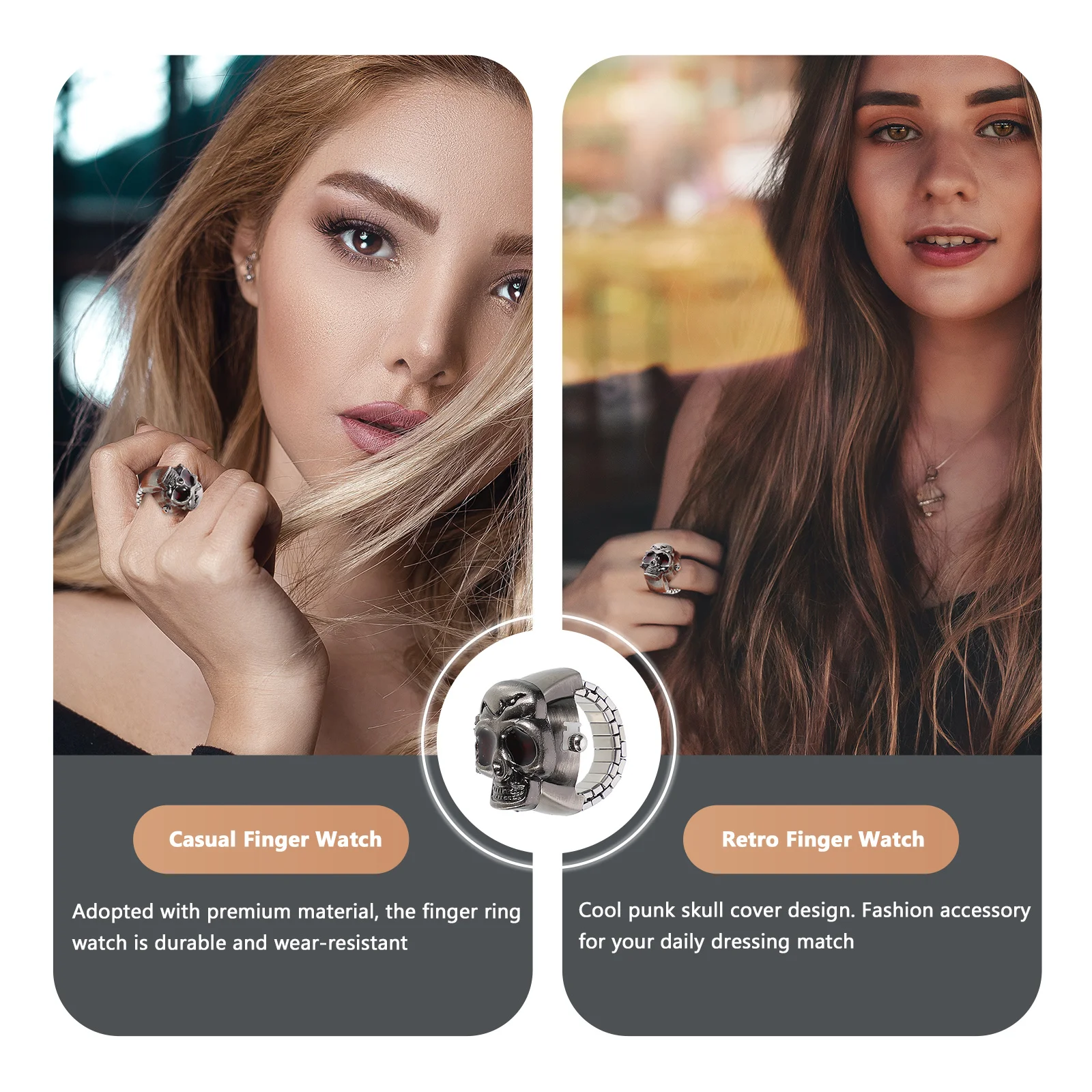 

2 шт., часы с кольцом на палец в стиле ретро, откидная крышка, дизайн черепа, эластичный ремешок, повседневные часы на палец в стиле панк для мужчин и женщин, модный аксессуар