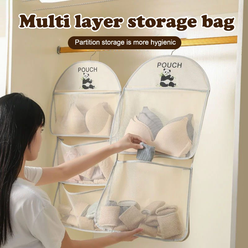 Large Capacity Storage Net Cartoon Panda Socks Underwear Hanging Bag 2/3 Layer Dormitory Wardrobe Breathable Mesh Pocket Storage
