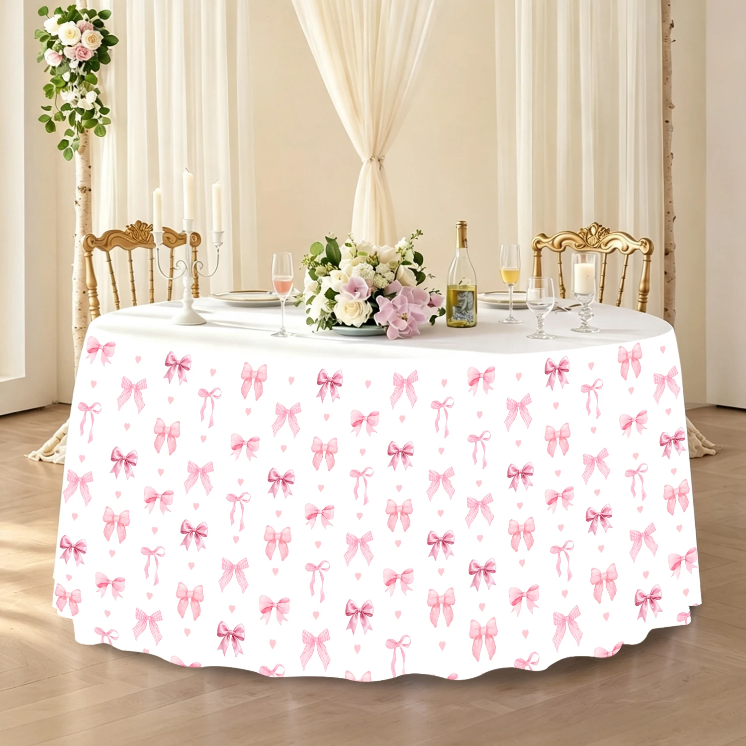 Cute Pink Bow Heart Table Skirt White Stretch Table Cover Coquette Aesthetic For Girls Birthday Wedding Dessert Table Party Deco