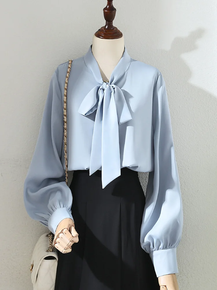 

Vintage Office Wear Woman Shirts 2025 New Solid Ribbon Blouse With Bows Casual Korean Fashion Female Chic Elegant Women'S Shirt