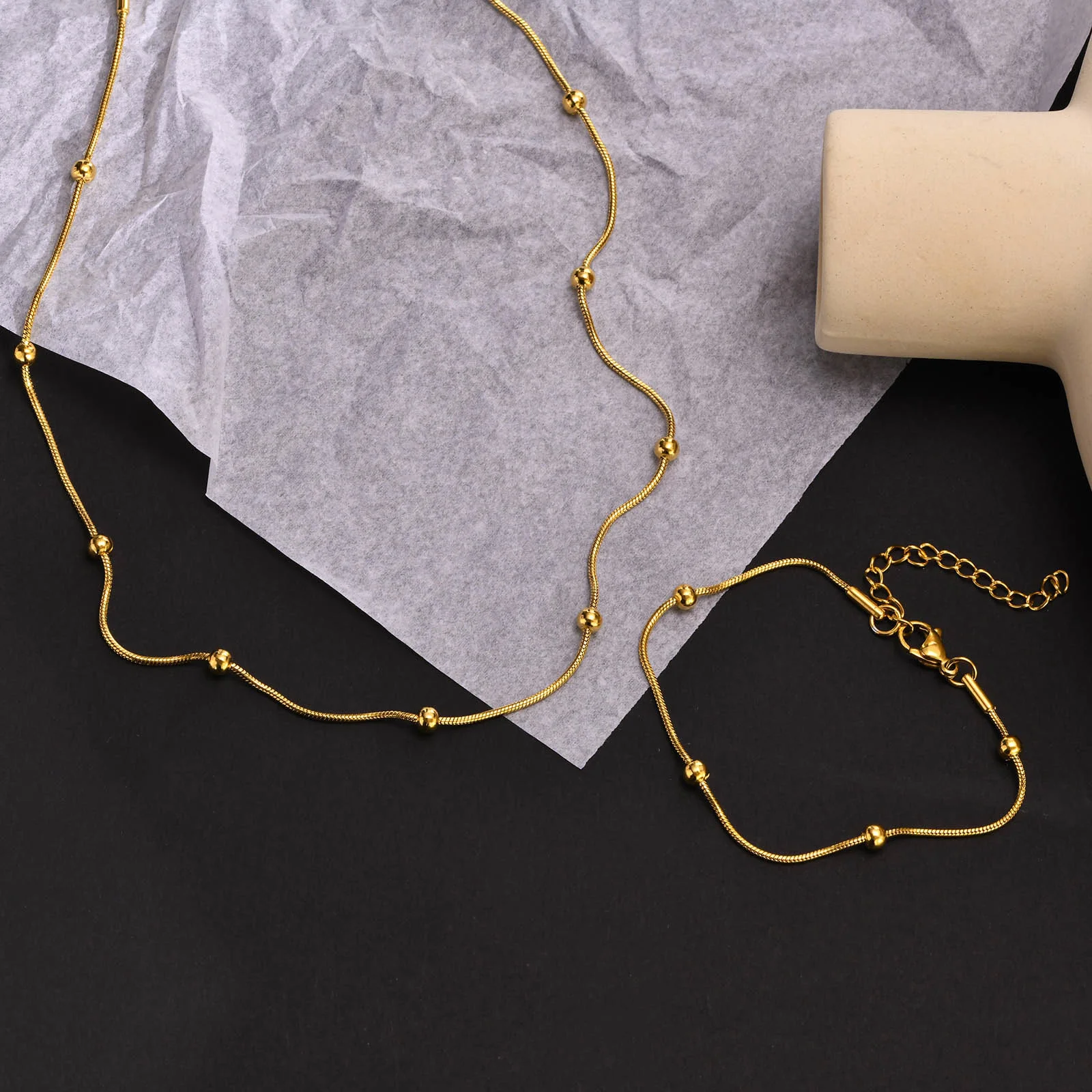 2pcs Set Jewelry,Satellite Chain Necklace With Bracelet, Snake Beaded Ball Link Choker For Women, Fashion Birthday Gift