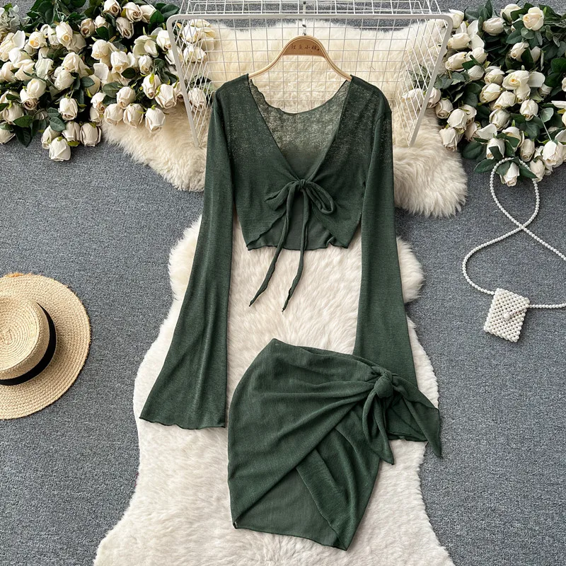 

Sexy Set Women's Lace up Long Sleeve Cardigan Coat+Irregular Hip Wrap Short Skirt Two Piece Set