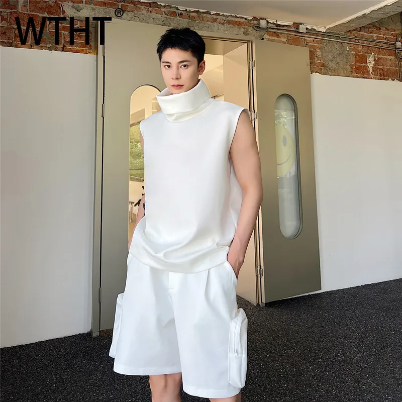 

WTHT Fashion 2025 Summer Men's Solid Color Loose Casual Camisole Trendy New Sleeveless High Collar Tank Tops Male 2A0467