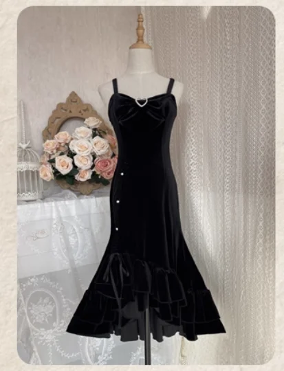 Autumn Winter Lolita Sweet V-neck High Waist A-line Jsk Suspender Fishtail Dress Fashion Age-reducing Long-sleeved Bow Jacket