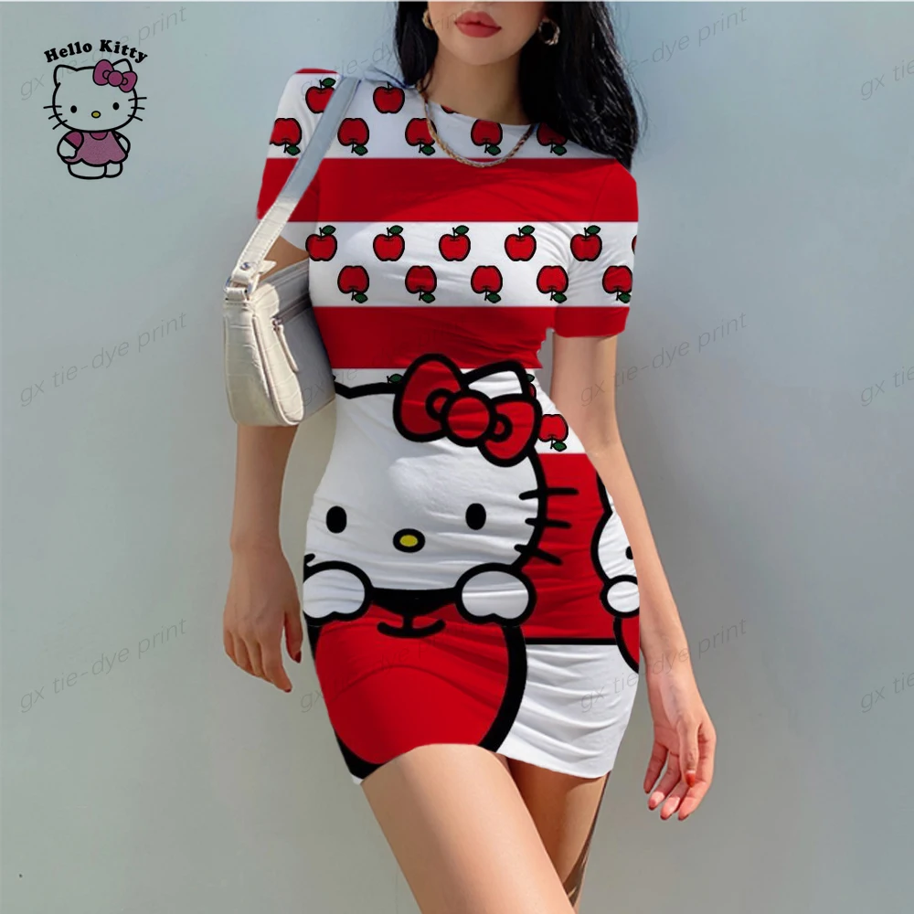 2024 Summer Tight Buttock Women's Dress Women's Cartoon Hello Kitty Digital Print Sexy Lovely Kawaii Summer Party Dress