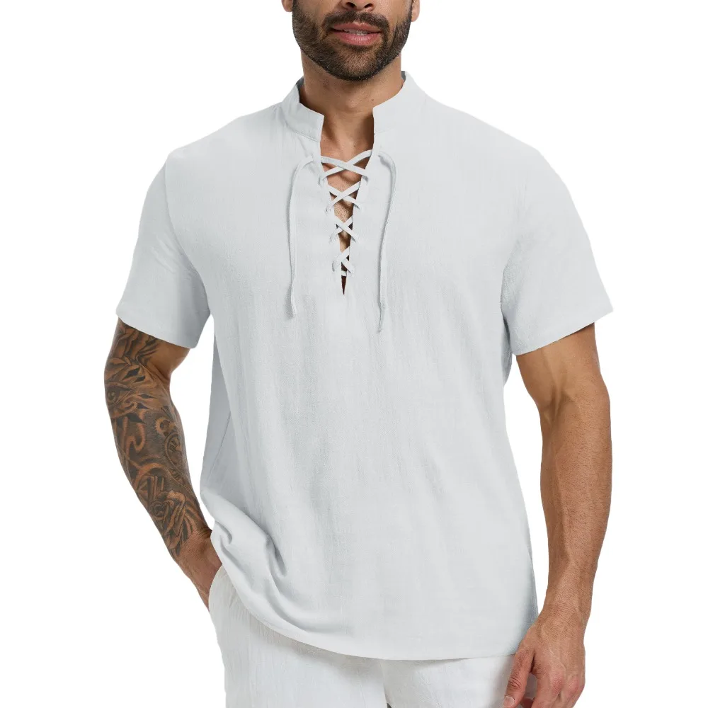 Herren-T-Shirt aus Baumwolle und Leinen, Sommer, atmungsaktiv, leicht, Henley-Ausschnitt, zum Schnüren, modisch, kurzärmelig, für Herren, lässige T-Shirts – Detail 2