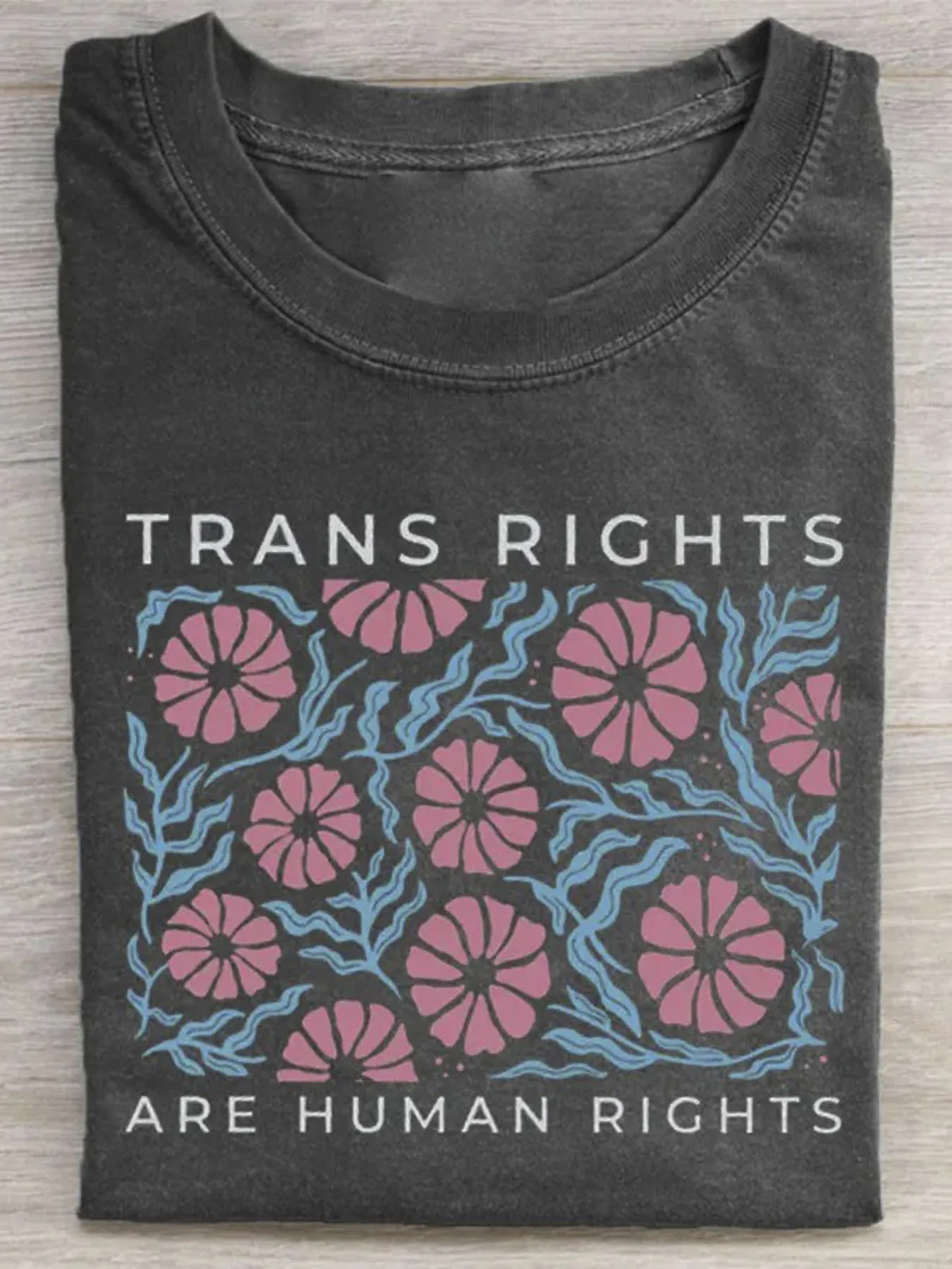 Men's Trans Rights Are Human Rights Graphic T-Shirt - Pink and Blue Floral Print, Soft Washable Fabric, Casual Crew Neck, Perfect for Summer, Outdoor Activities, and Holiday Occasions, Holiday Gift