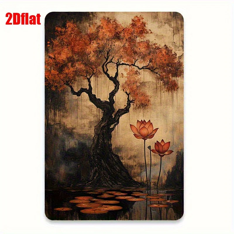 2D Flat, 2D Flat - 1pc 2D Printed Vintage Metal Iron Wall Art, Featuring an Autumn Tree Silhouette with Orange Leaves and Red fo