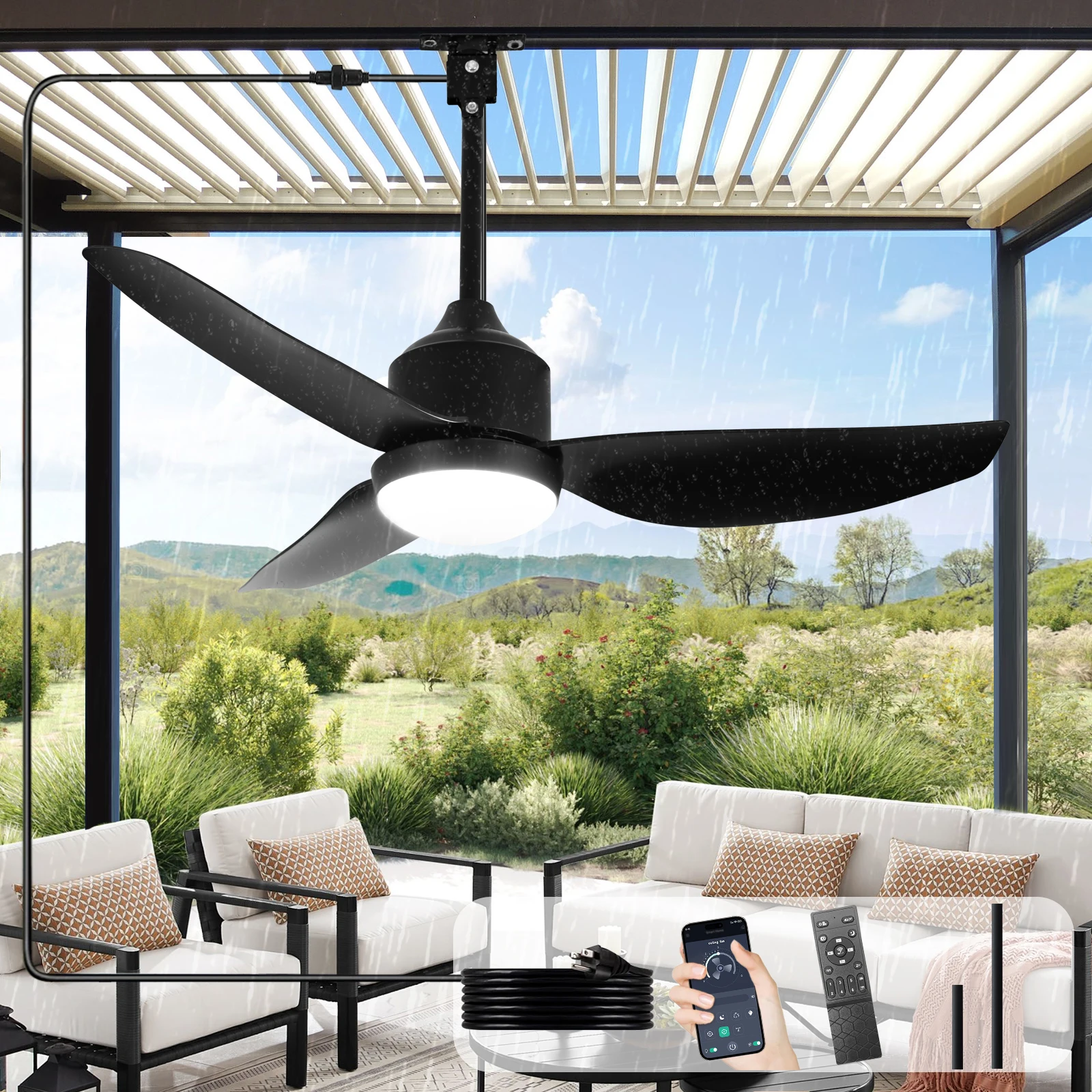 Outdoor Ceiling Fan with Light: 42/52 Inch Waterproof for Gazebo Patio Indoor Farmhouse Porch-Plug in Remote App Control-6 Speed