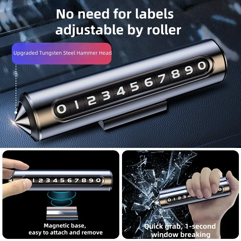 2in1 Metal Car Temporary Parking Card Safety Hammer Card Rotate Phone Number Plate Alloy Stickers Park Stop Auto Accessories