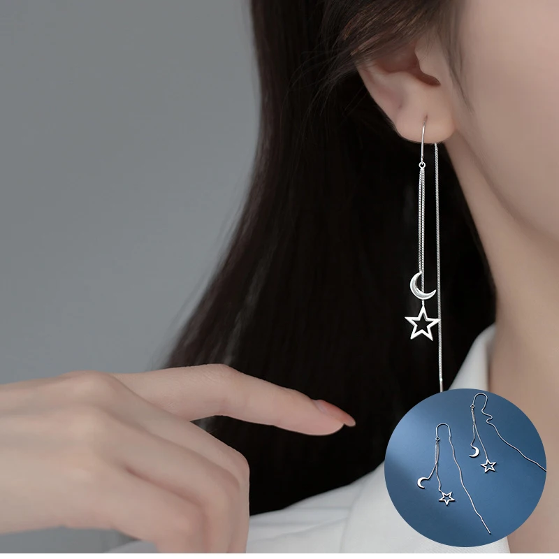 

100% 925 Sterling Silver Star Earrings for Women Girl Moon Hollow Out Long Tassel Design Jewelry Birthday Gift Dropshipping