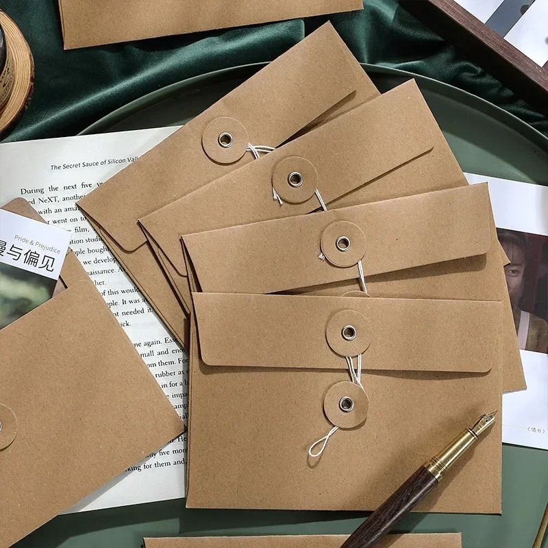 5/10pcs Vintage Kraft Paper Envelopes with Button String Tie Greeting Cards Postcards Letter Pads Cover Korean Stationery Office