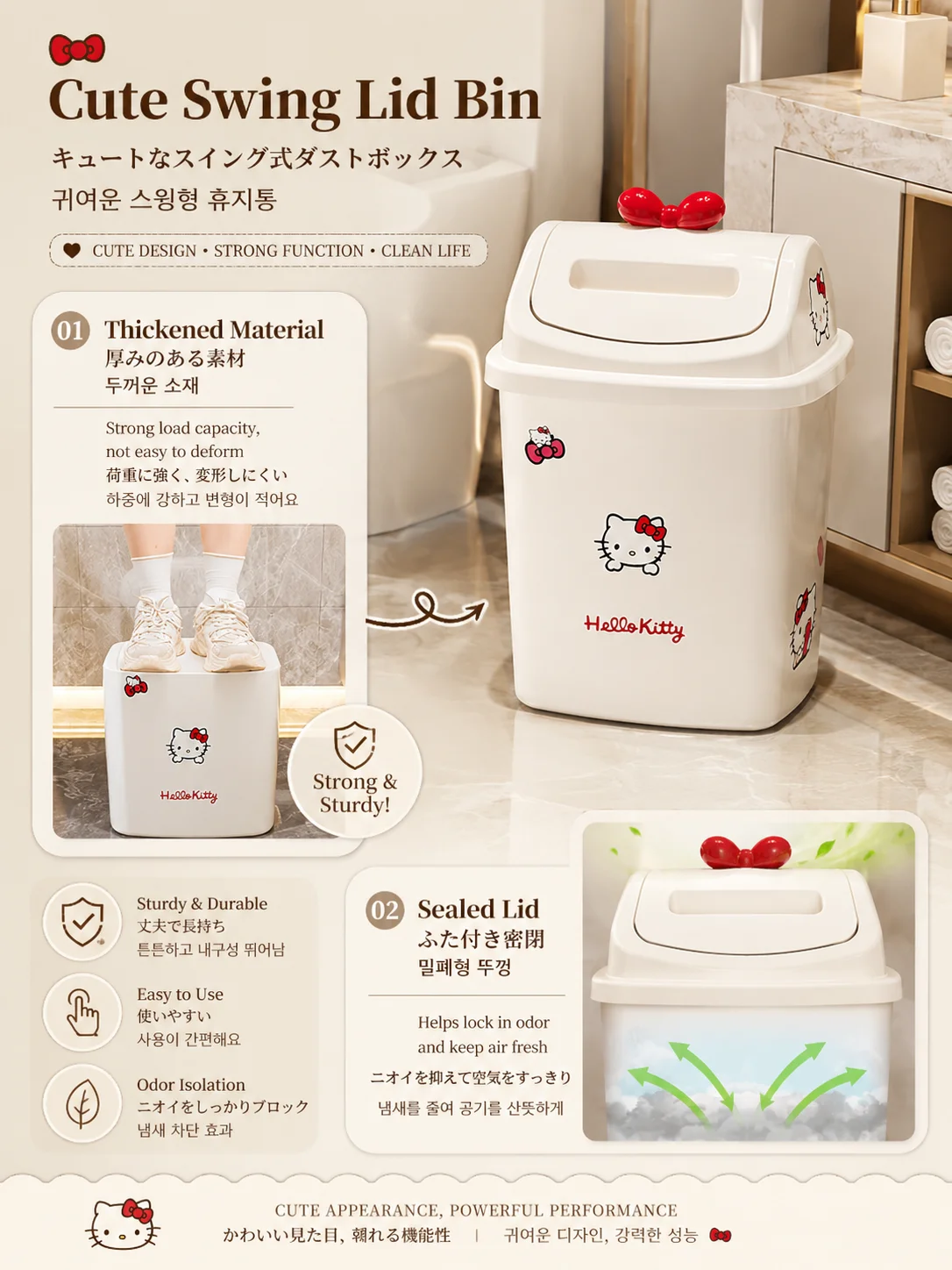 Sanrio HelloKitty Swing Lid Bin Odor Isolation Waste Bin Durable Cute Floor Trash Bin EasyClean SwingGarbage KitchenLivingOffice view 4