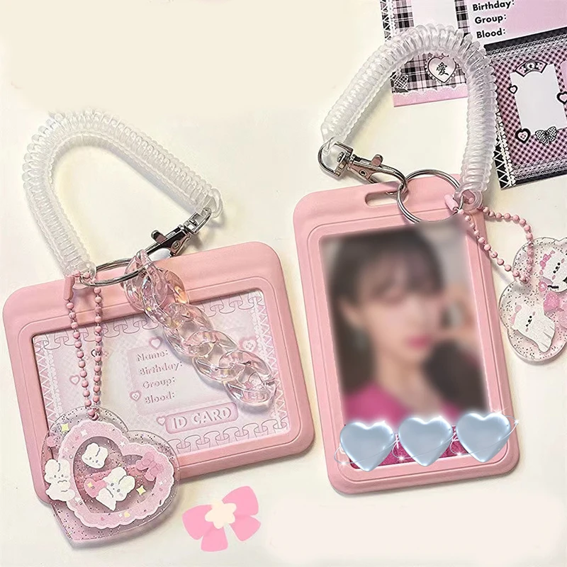 

INS Pink Photocard Holder With Keychain Pink Idol Photo Sleeve Glitter Love Cloud Keyring Student Bus ID Card Holder Protector