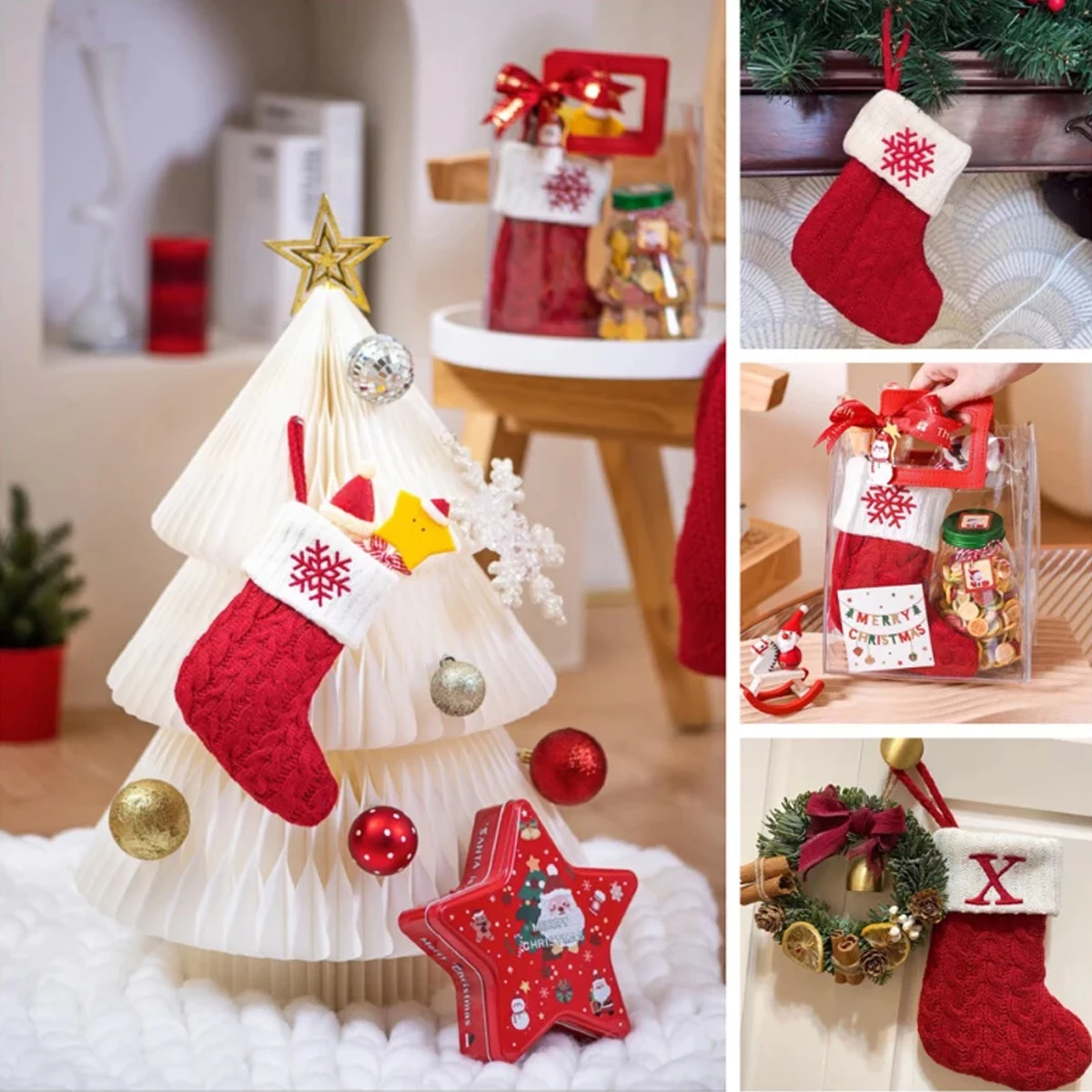 Xmas 2024 Decor Christmas Socks Knitting Snowflake Letter Stocking Christmas Tree Decoration Home 2025 New Year Ornament Gift