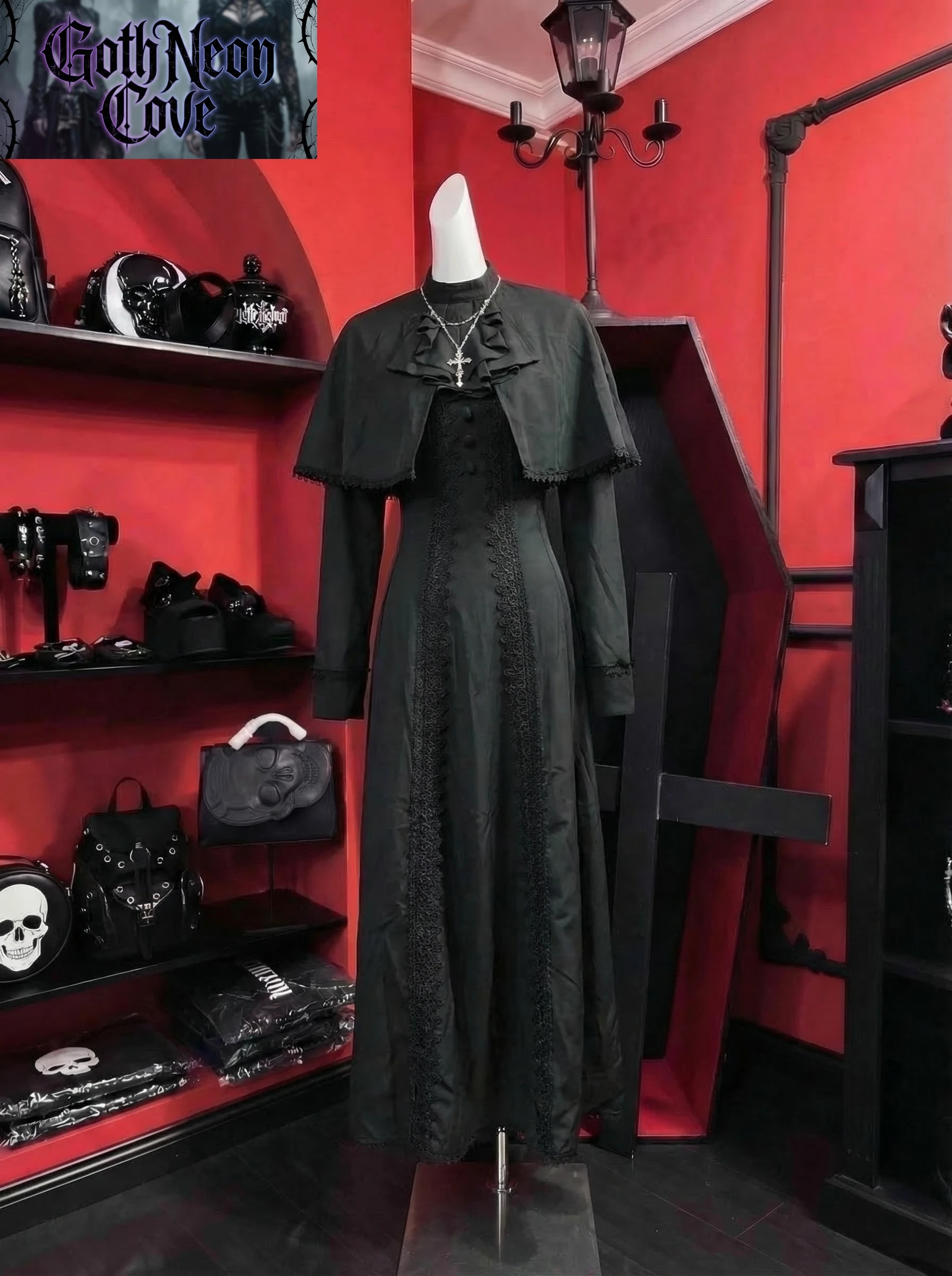 

Spring French Dark Gothic 2 Piece Set Women's Lace Shawl Cape + Long Sleeve Patchwork Slim Dress Elegant Vintage Aesthetic Set