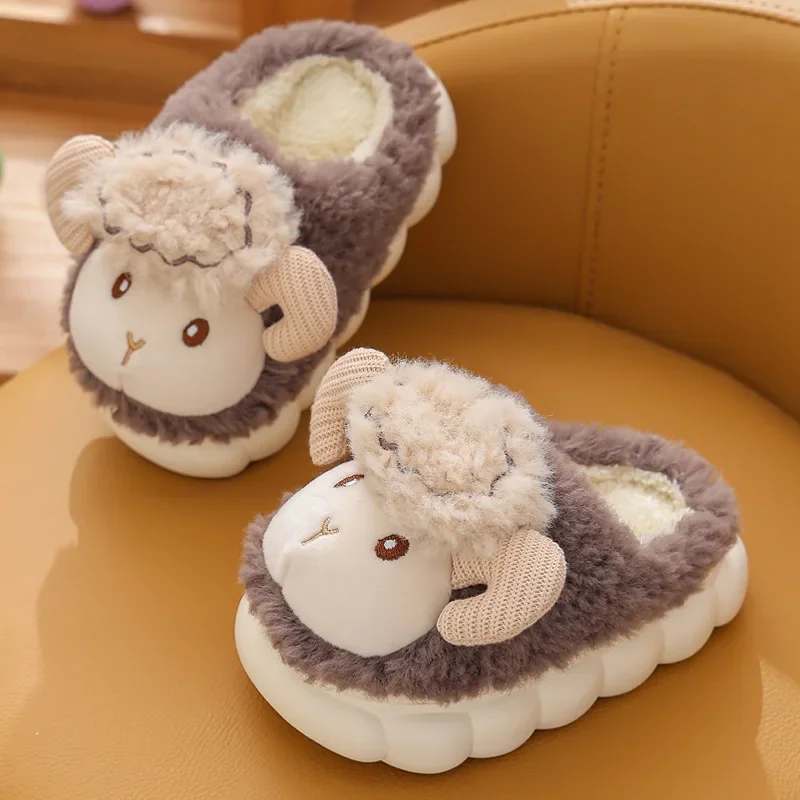 Girl Shoe Winter Kid Brand Slippers Cartoon Sheep Home Shoe Boy Girl Indoor Warm Plush Slippers Soft Sole Anti-Slip Cotton Shoe