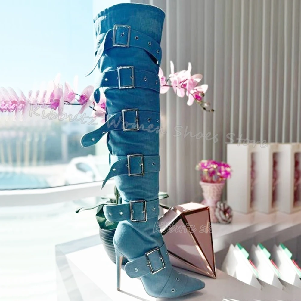 

Belt Buckle Over The Knee Boots Denim Cloth Blue Fashion Elegant Concise Sexy Pointy Thin Heels Side Zipper Newest Women Shoes