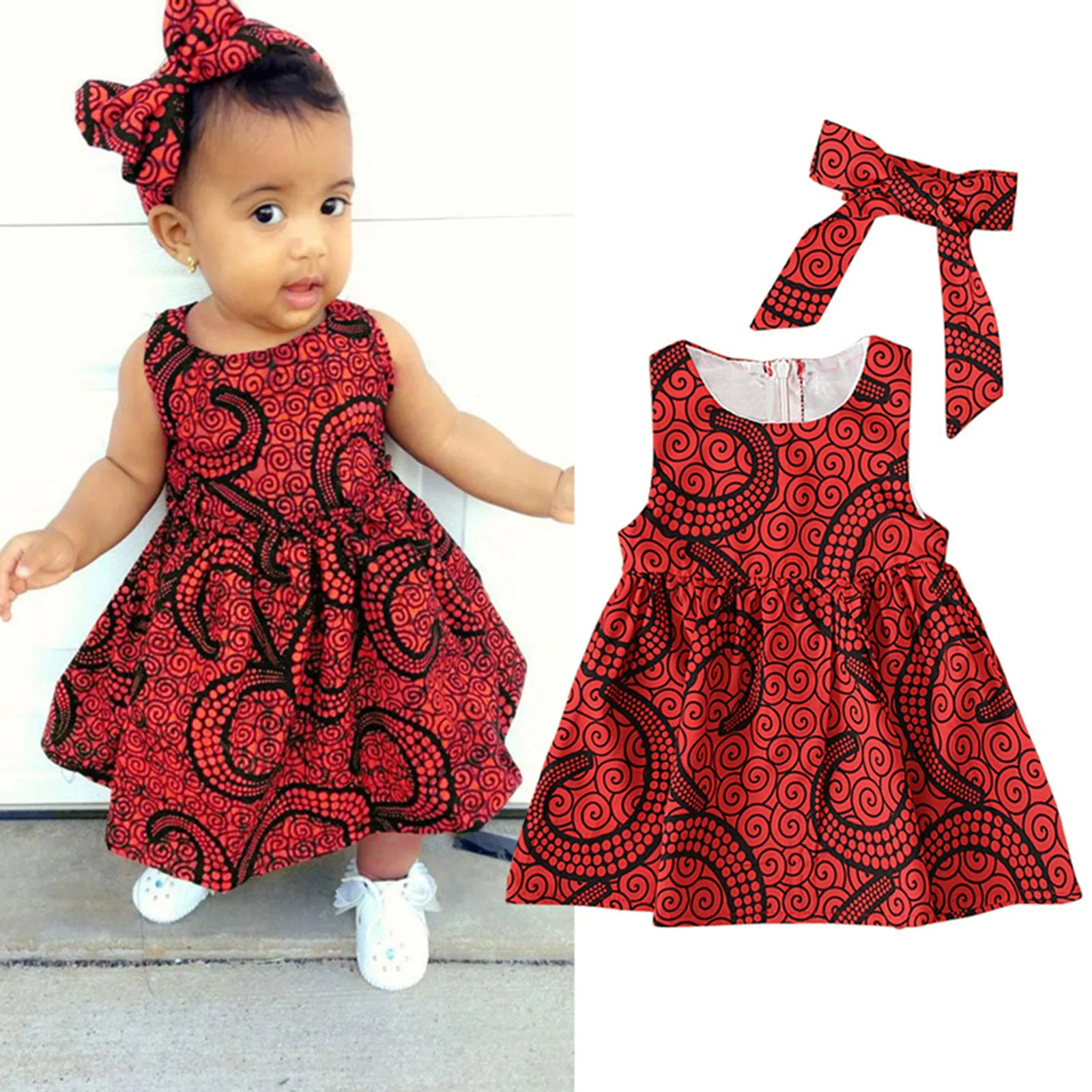 6M-3Y Toddler Kids Baby Girls Dress African Dashiki Traditional Style Sleeveless Ankara Dresses With Headband Infant Outfits