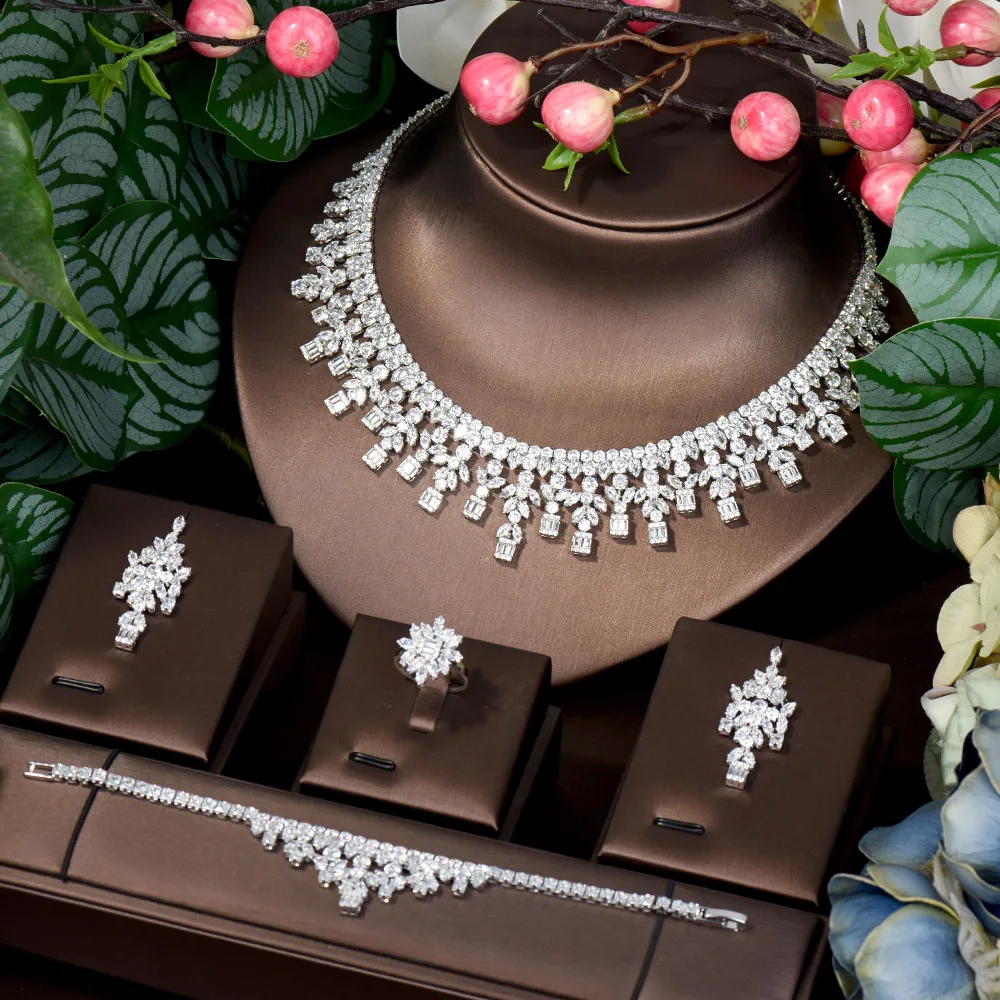 HIBRIDE High Quality 4 Piece African Indian Bridal Wedding Costume Jewelry For Women Party Luxury Zirconia Jewelry Sets N-1619