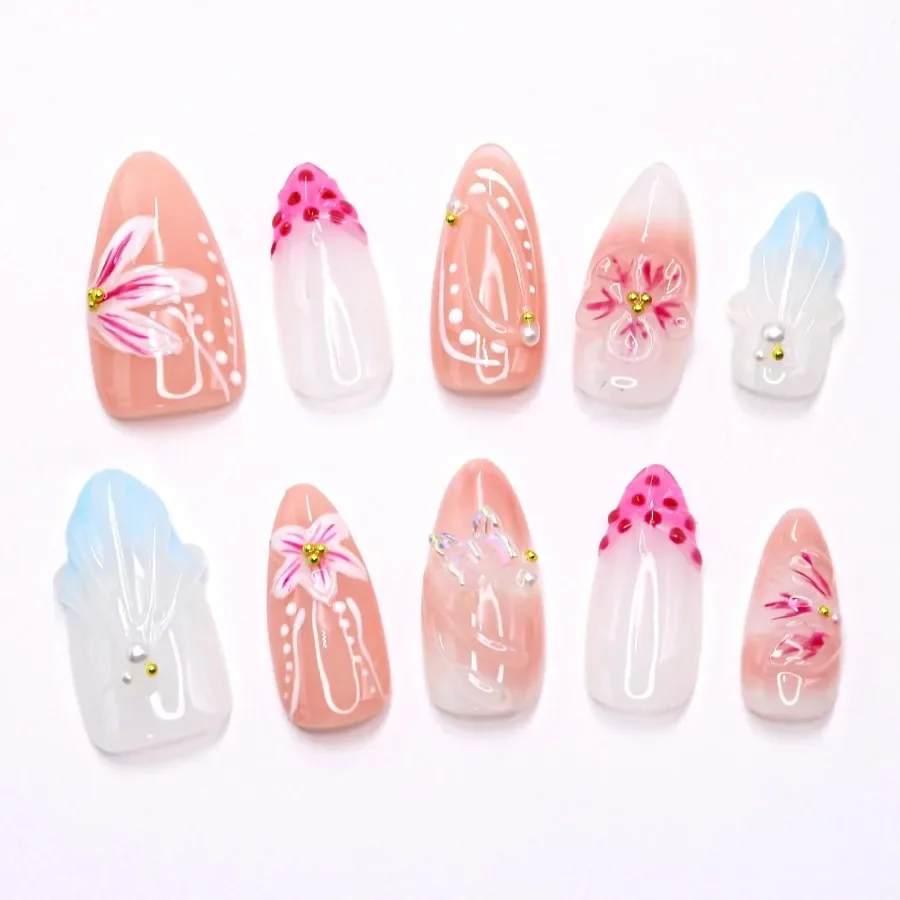 Blumenpresse auf den Nägeln für Frauen, mittelgroße Mandelform mit französischem Spitzendesign, handgefertigte Wasserwellen mit 3D-Blumen- und Schmetterlingsmuster