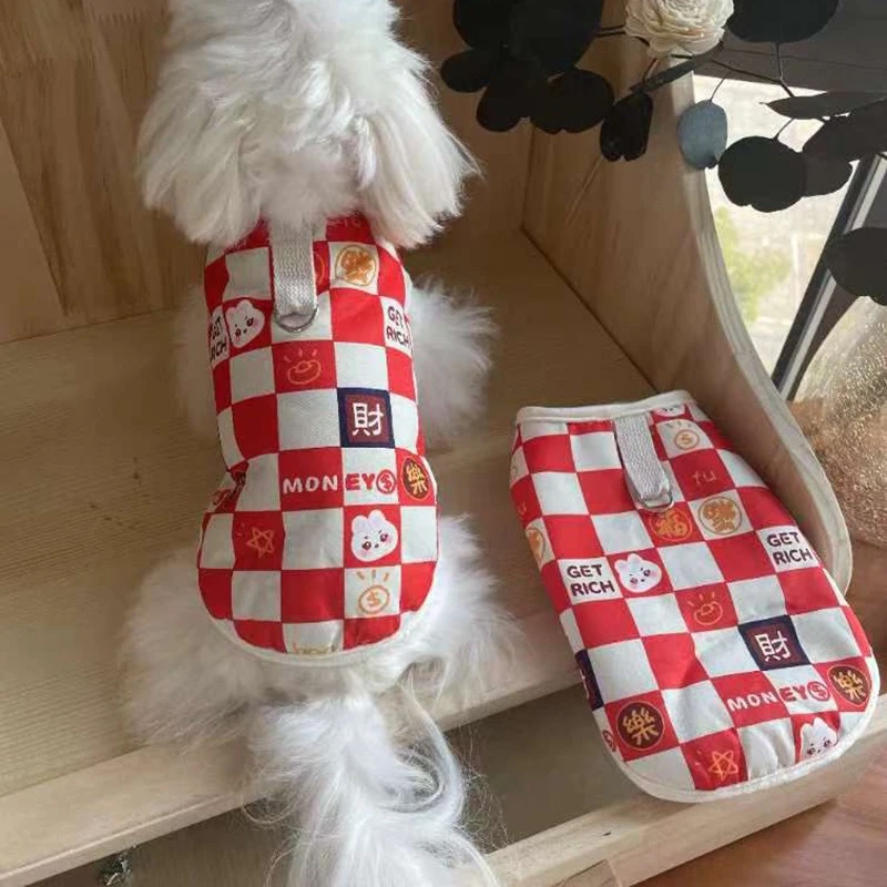 New Year Pet Dogs Sweatshirt Red Fu Best Wishes Unisex Lattice Maltese Down Jacket Keep Warm Small Medium Puppy Kitten Overalls