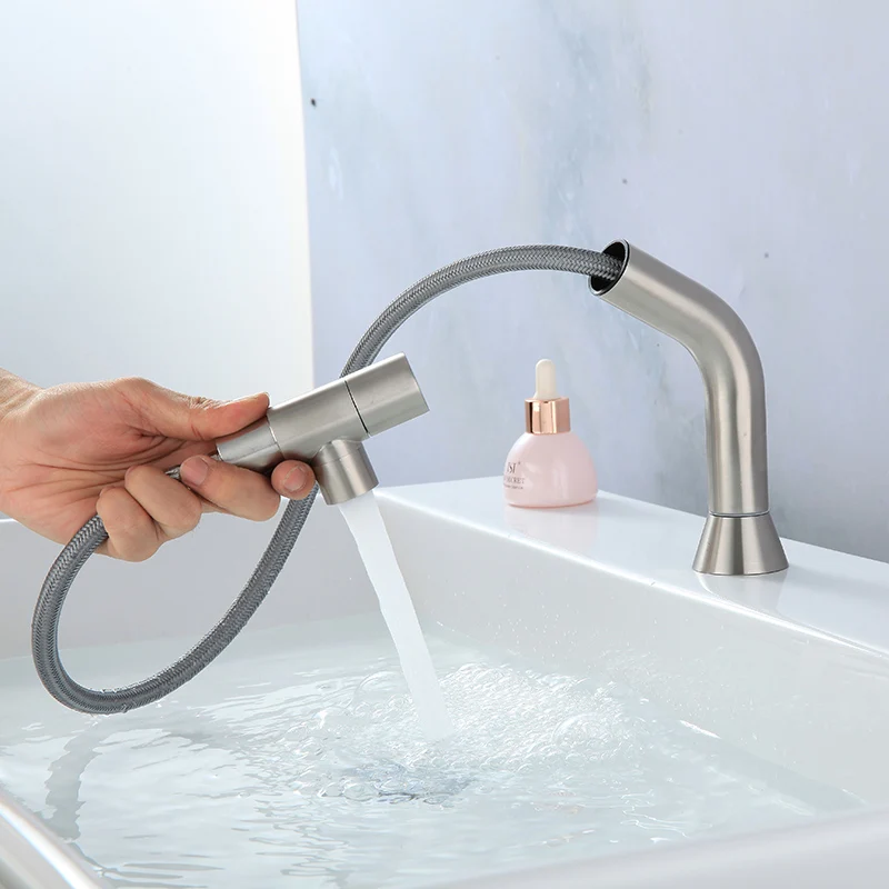 304 Stainless Steel Bathroom Single Cold Sink Faucet Deck Mounted 360° Rotation Pull Out Bathroom Basin Faucet Brushed Nickel