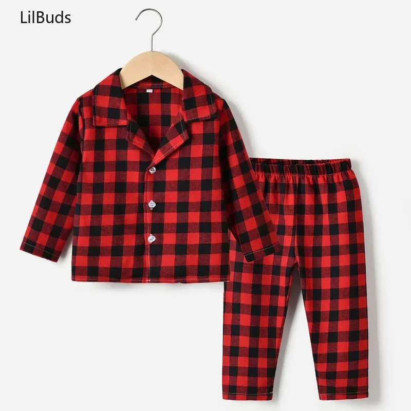 2024 Kids Boys Girls Pajama Sets Children Tracksuit Sleepwear Nightwear Plaid Long Sleeve Casual Buttons down Tops+pants Outfits