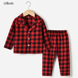 2024 Kids Boys Girls Pajama Sets Children Tracksuit Sleepwear Nightwear Plaid Long Sleeve Casual Buttons down Tops+pants Outfits