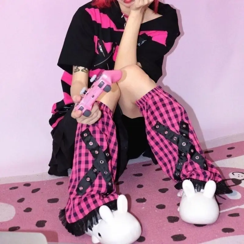 49ME Women Harajuku Checkered Pattern Ruffle Lace Hem Leg Warmer Aesthetic Fashion Punk Metal Eyelets Crosses Leg Cover Socks