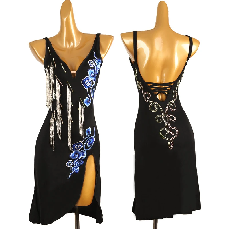 

Tassels Dress Women Latin Dance Costume Competition Dress High Slit V-neck Fringe Dress Clothes Samba Chacha Clothing DQL10165