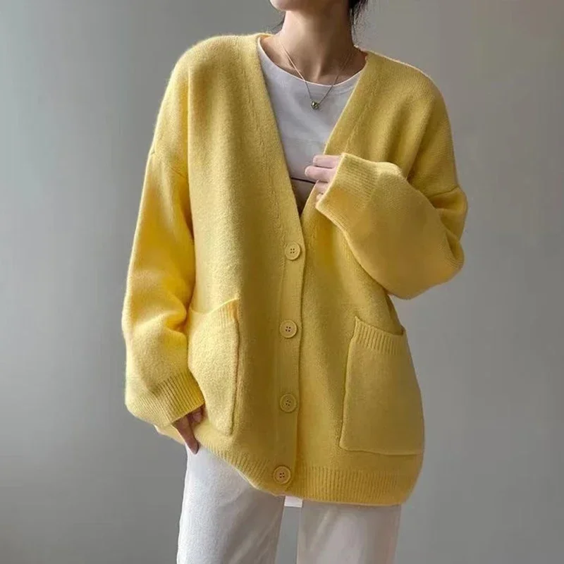

2025 Chic Yellow Sweater Cardigan Women Lazy Wind Single-Breasted Knitted Cardigan Women Solid V Neck Cardigans Female
