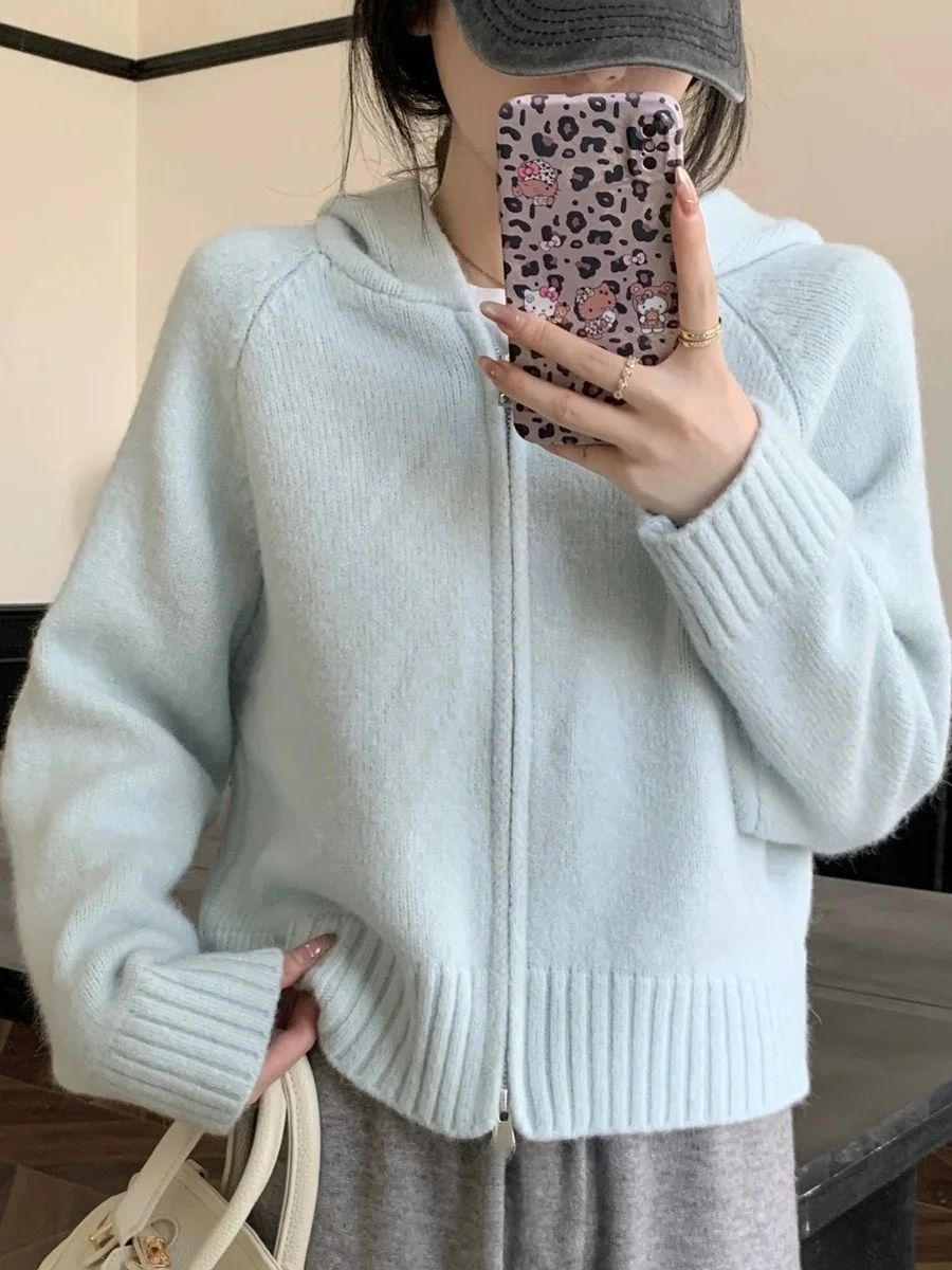 Cardigan aperto lavorato a maglia con cappuccio coreano Sle Capispalla da donna Design Sensation Maglione pigro e delicato Jaet Autunno Inverno