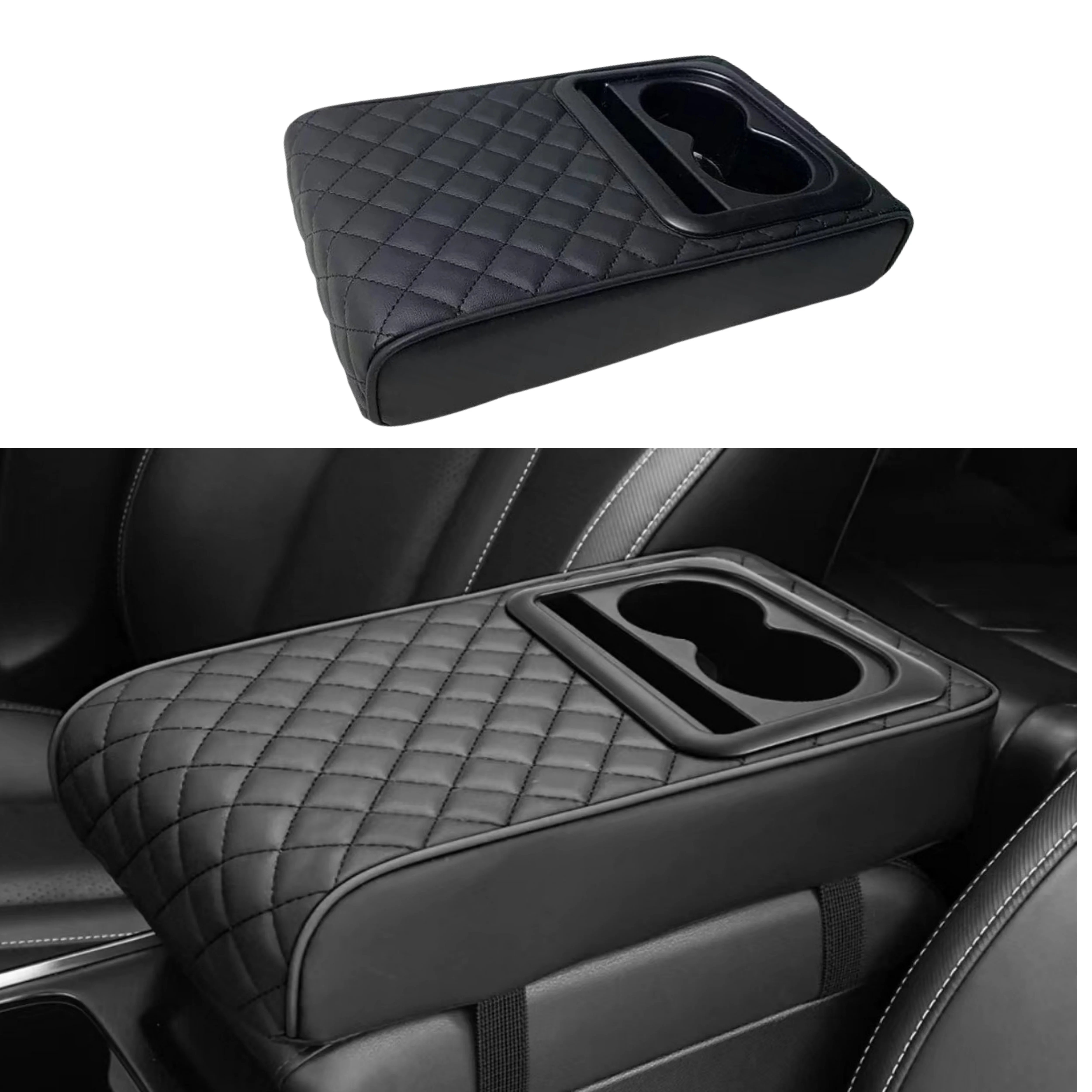 Car Armrest Console Extender with 2 Cup Holders Heightening Pad PU Leather Universal Auto Interior Storage Box Tissue Organizer