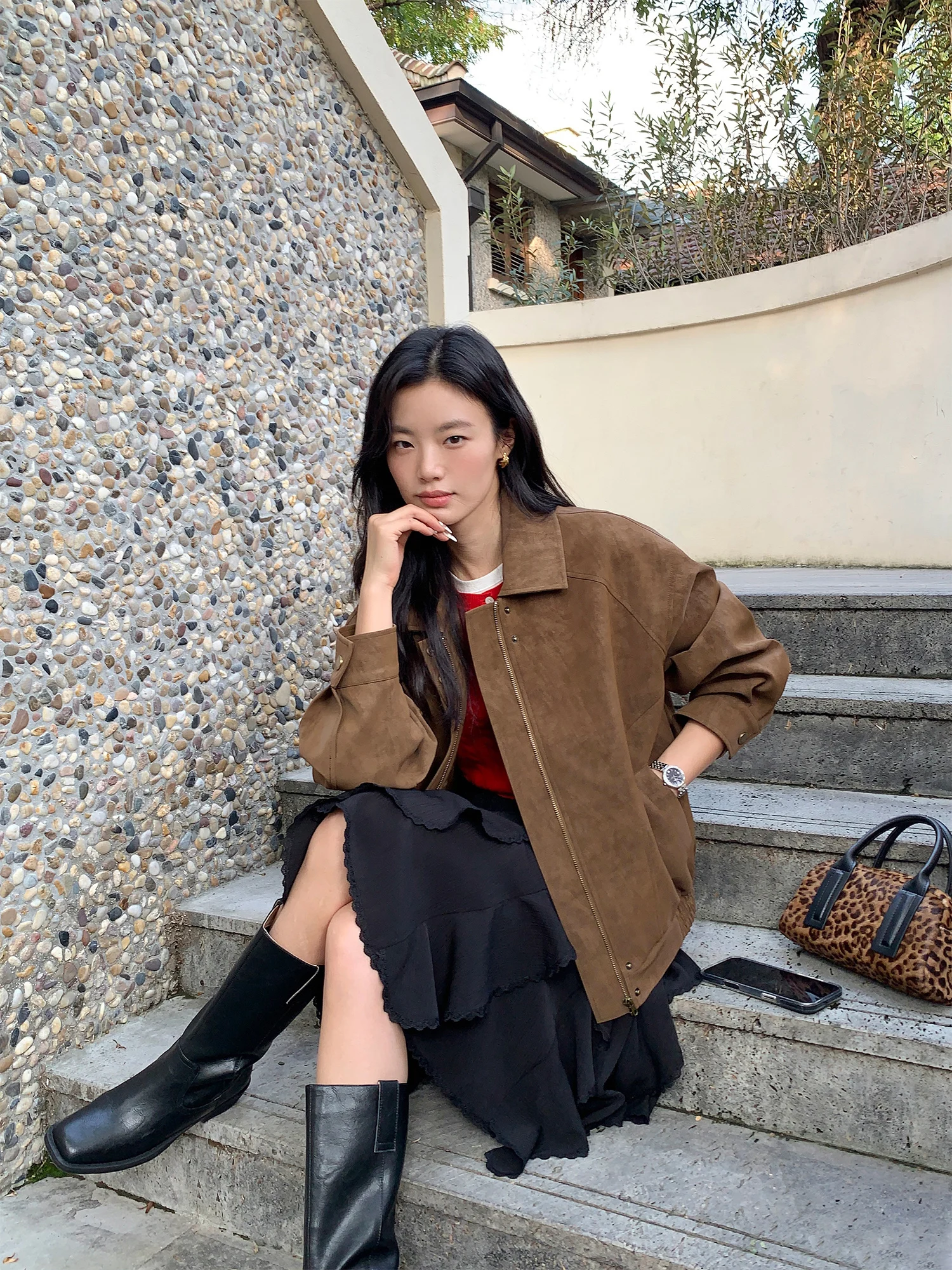 

Pusumede Women's Biker Jacket Thickened Cotton Lined Zipper Coat Stand Collar Long Sleeve Autumn Winter Fashion Outerwear