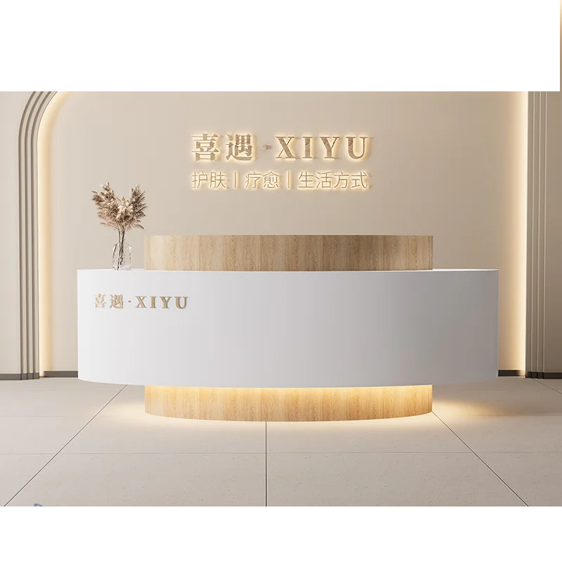 مكتب استقبال لصالونات التجميل بتصميم بيضاوي الشكل فاخر مع مكتب استقبال حديث من الفولاذ المقاوم للصدأ باللون الأسود والأبيض للمكتب #6