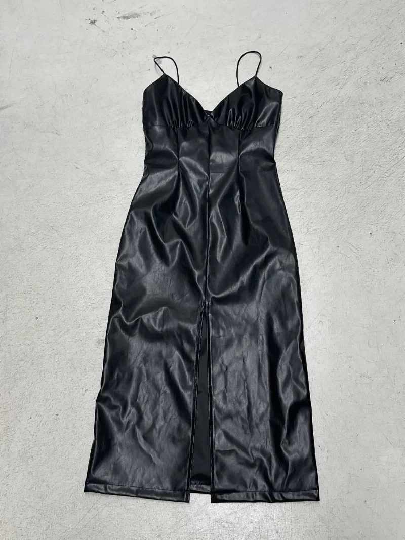 PU 가죽 캐미솔 미디 드레스 여성 섹시 브이넥 스파게티 스트랩 민소매 백리스 슬릿 바디콘 나이트 클럽웨어 파티 드레스