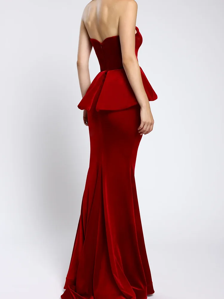 فساتين سهرة رسمية كلاسيكية على شكل قلب أحمر من القطيفة بدون أكمام بطيات حورية البحر فساتين حفلات أعياد الميلاد حسب الطلب