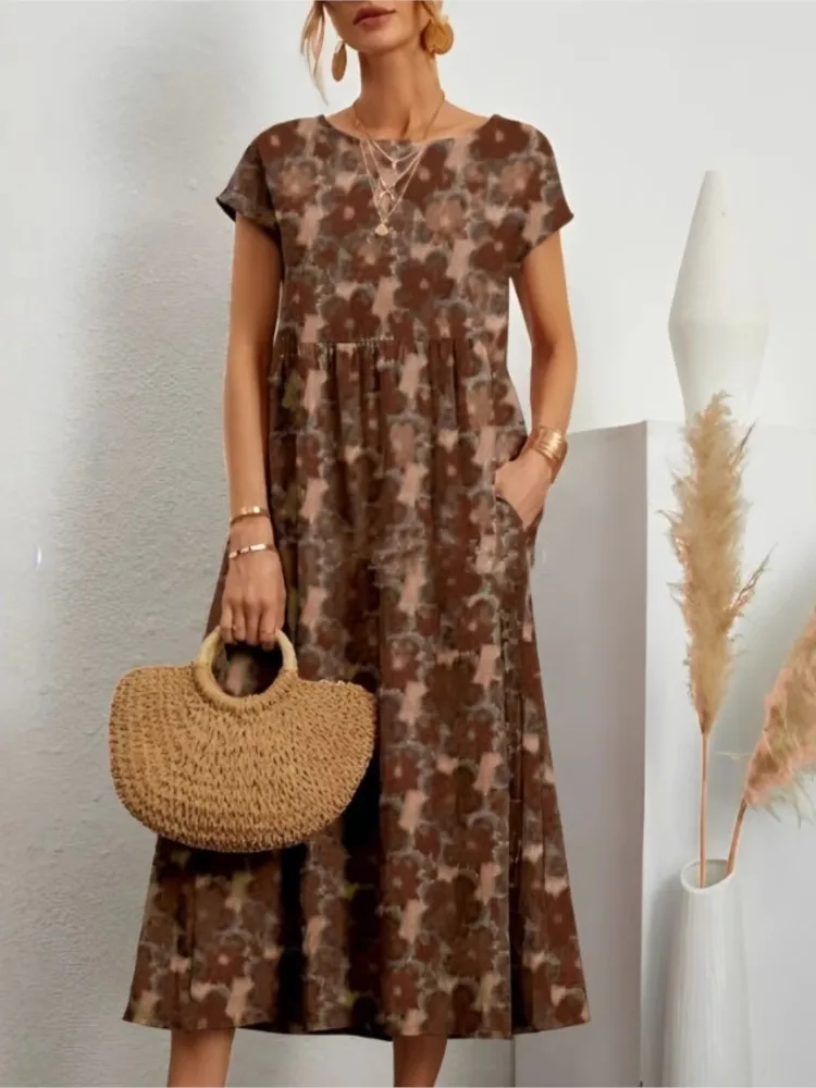 Letnia Nowość Damskie Sukienki Codzienne Modne Sukienki z Dekoltem O-neck Krótki Rękaw Elegancka Sukienka Modna Sukienka Boho Kombinacja Vintage Długa Sukienka