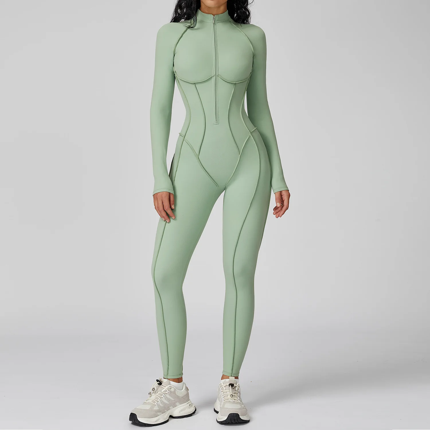 Women Yoga Jumpsuit Long Sleeve Zipper Stand Collar Bodysuit Fitness Workout Gym Tracksuit Tummy Control Butt Lifting Sportswear