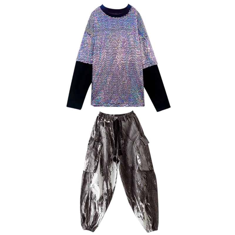 Hip Hop Kids Clothing Silver Sequined Sweatshirt Casual Joggers Pants for Girls Jazz Dance Costumes Boys Streetwear Clothes