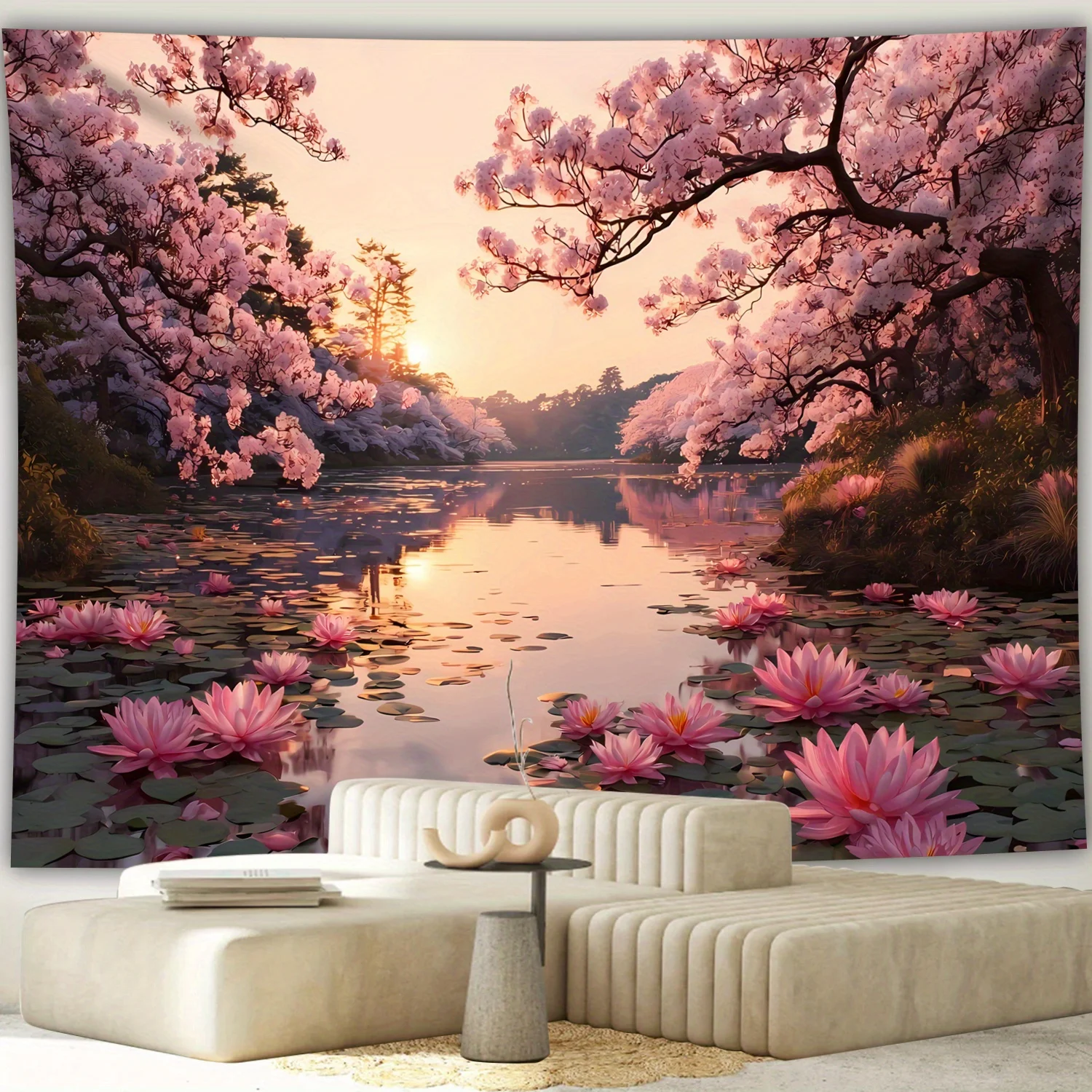 VIKAMA Cherry Blossom Lake Tapestry Pink Lotus Sunset Wall Hanging Nature Landscape Aesthetic Backdrop for Bedroom Home Decor