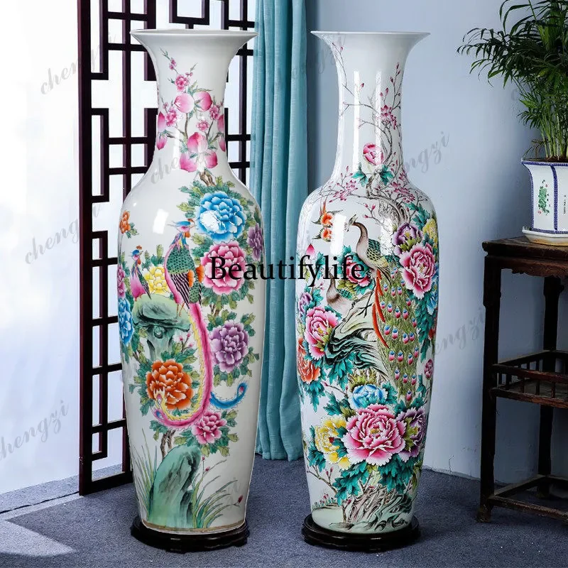 A95 Ceramic pastel hand-painted peacock vase ornament floor-to-ceiling large vase hotel living room home decoration