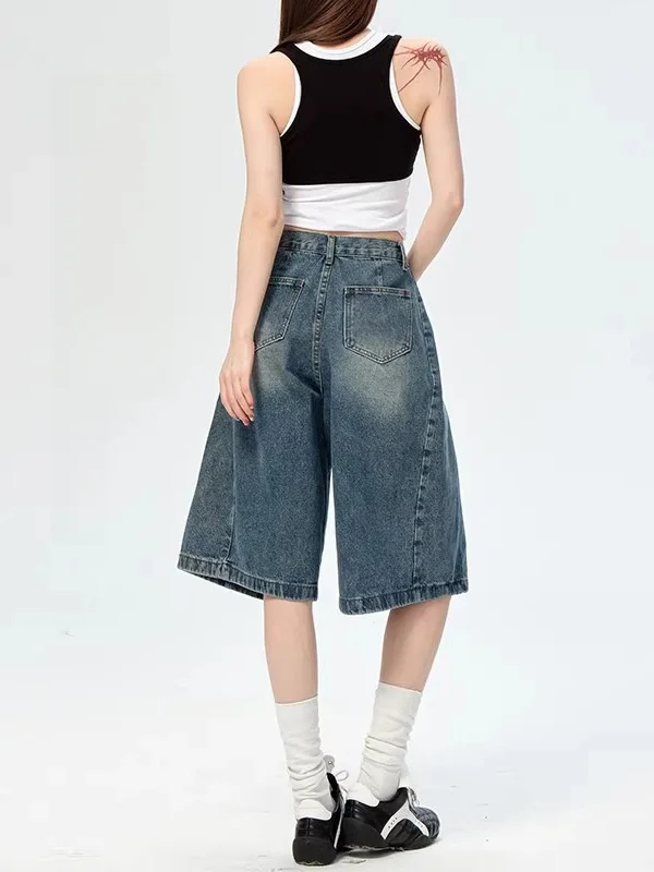 

Summer 2025 Women's Casual Wide Leg Straight Jeans Five-Point Pants American Retro Loose Fit High Waist Denim Casual Trousers