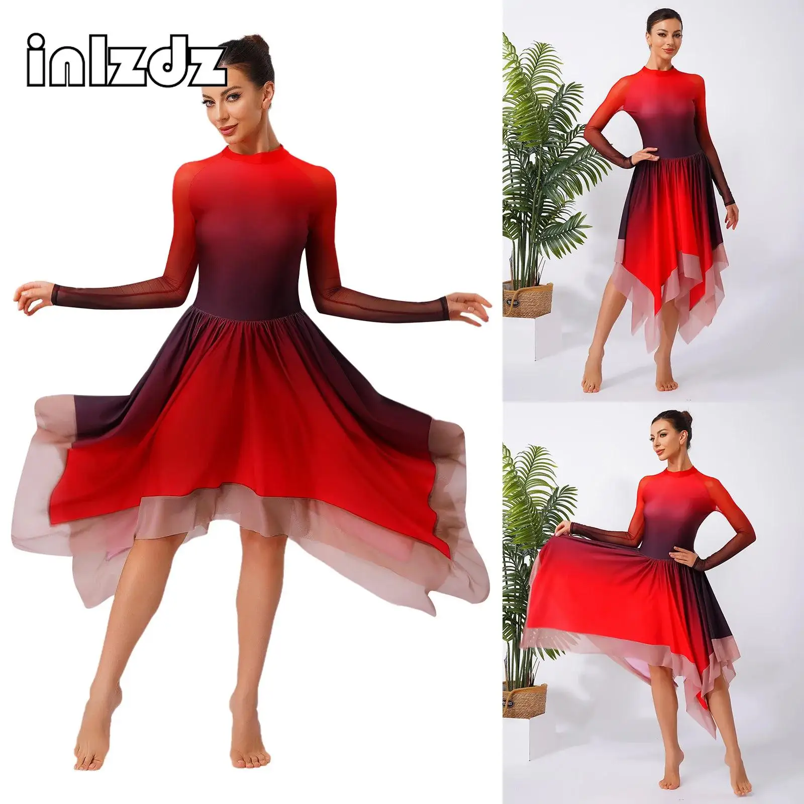 

Figure Skating Dress for Womens Lyrical Modern Dance Costume Long Sleeve Irregular Hem Leotard Dress Party Performance Dancewear